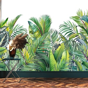 Watercolor wallpaper, art with green tropics | Self Adhesive, Peel & Stick, Removable wallpaper, Green Wall Decor
