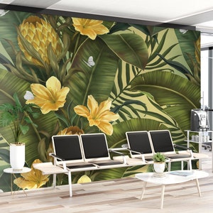 Leaves wallpaper and yellow flowers, Tropical wall mural, Self Adhesive, Jungle wallpaper, Peel and Stick, Removable wallpaper