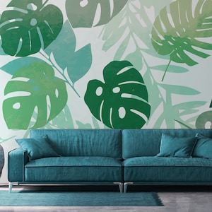Carta da parati astratta con foglie di monstera, autoadesiva, decorazione da parete tropicale, stacca e incolla, murale temporaneo e rimovibile