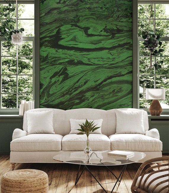 Green and Black Striped Marble Wallpaper Abstract Stone Self Etsy