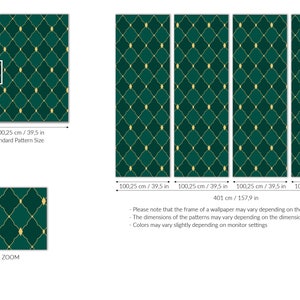 May include: A green and gold wallpaper pattern with a repeating geometric design. The pattern is 39.5 inches wide and 157.9 inches long. The wallpaper is available in multiple sizes.