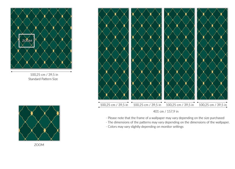 May include: A green and gold wallpaper pattern with a repeating geometric design. The pattern is 39.5 inches wide and 157.9 inches long. The wallpaper is available in multiple sizes.