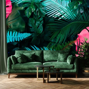 Carta da parati con foglie tropicali, motivo a foglie colorate, motivo giungla | Autoadesiva, stacca e incolla, carta da parati rimovibile, decorazione da parete verde