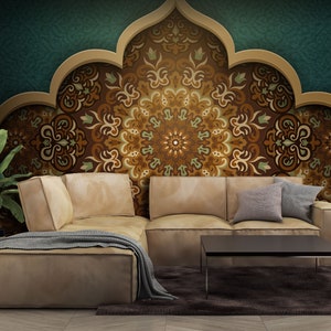 Carta da parati con motivo marocchino verde scuro e marrone, murale art deco | Carta da parati autoadesiva, stacca e incolla, rimovibile