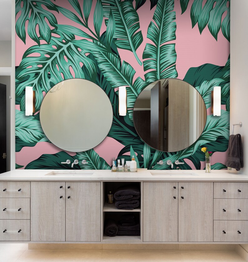 Pink and Green Botanical Wallpaper With Exotic Leaves Self Etsy