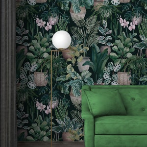 Dunkle Waldpflanzen-Tapete, botanische Tapete, Blätter-Wandbild [Peel and Stick (selbstklebend) oder traditionelle Vinyl-Tapete]