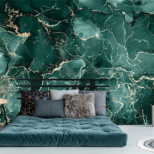 Dark teal green abstract marble wallpaper | Self Adhesive, Peel & Stick, Removable wallpaper, Green Wall Decor