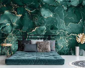 Papier peint abstrait effet marbre vert turquoise foncé | Autocollant, repositionnable, amovible, décoration murale verte