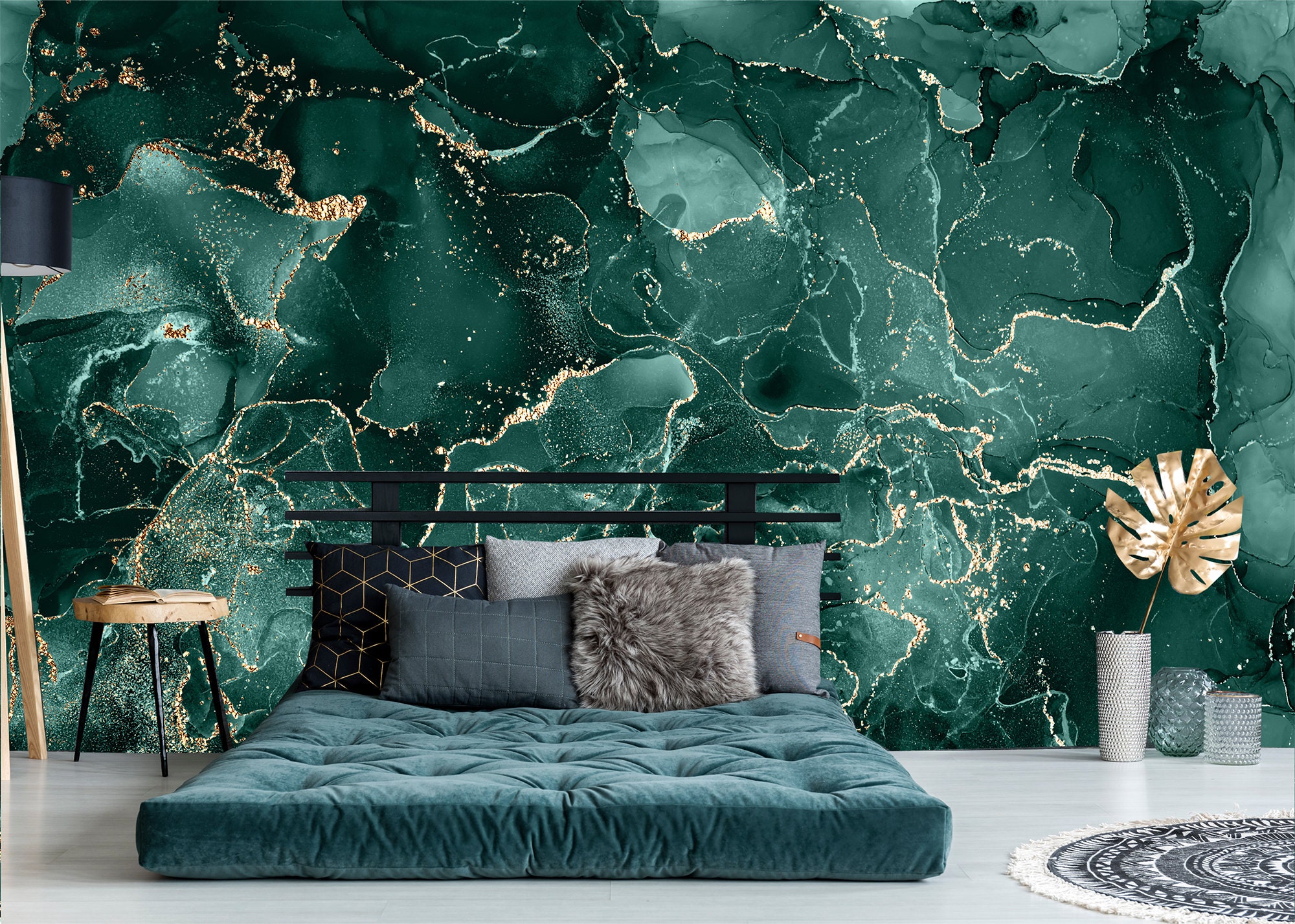 Dark Teal and Gold Wallpaper  Luxury Mosaic Design  Happywall