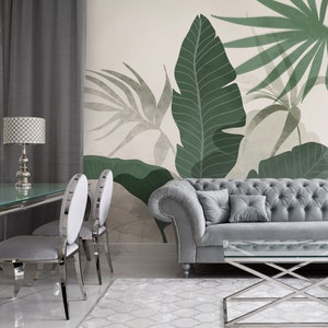 Green palm leaves wall mural, Tropical wall mural, Self Adhesive, Jungle wallpaper, Peel and Stick, Removable wallpaper
