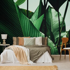 Green tropical leaves photo wallpaper | Self Adhesive, Peel & Stick, Removable wallpaper