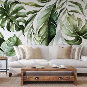 Watercolor hanging tropical leaves wallpaper, monstera and banana leaf motive | Self Adhesive, Peel & Stick, Removable wallpaper