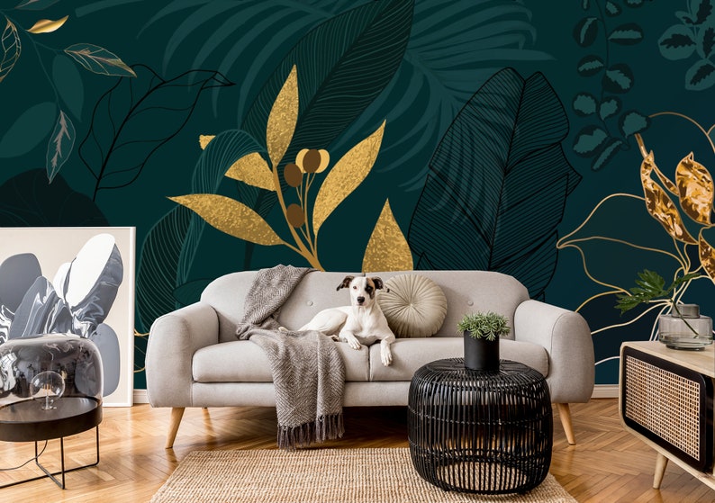 Dark Teal Wallpaper With Tropical Leaves Self Adhesive Peel | Etsy