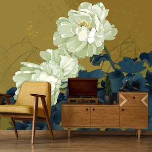 Beautiful painted peony with blue leaf wallpaper Self Adhesive, Peel & Stick, Removable wallpaper