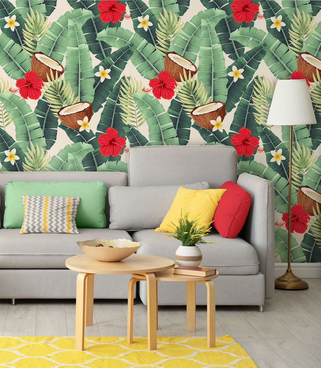 Wallpaper With Palm Leaf and Flower wall Decor, Peel and Stick self