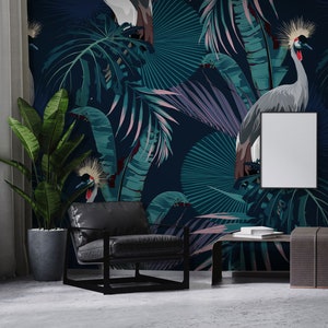 Carta da parati tropicale verde acqua scuro con foglie e uccelli di monstera | Carta da parati autoadesiva, stacca e incolla, rimovibile