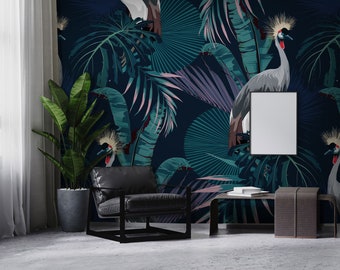 Dark teal tropical wallpaper with monstera leaves and birds | Self Adhesive, Peel & Stick, Removable wallpaper