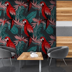 Wunderschönes Muster, roter Papagei, tropische Blumen, Blätter, exotische Dschungeltier-Tapete | Selbstklebende Tapete, abziehen und aufkleben, abnehmbar