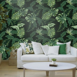 Tropical Green wallpaper, Palm Leaf Print, Jungle Wall Mural, Self Adhesive, Peel & Stick or Vinyl, Removable wallpaper