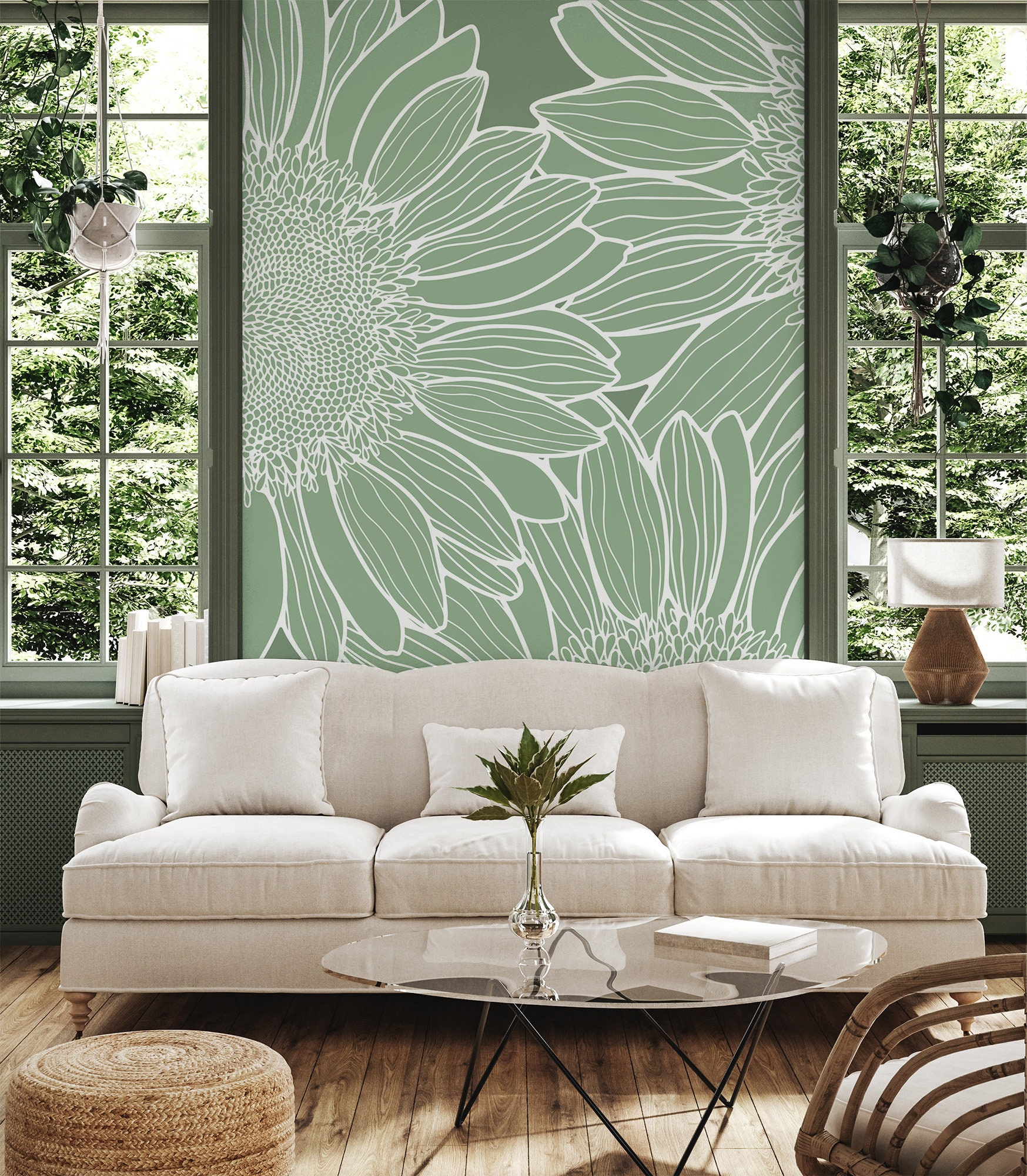 Green Sunflower Abstract Wallpaper, Floral Wall Mural, Self Adhesive ...