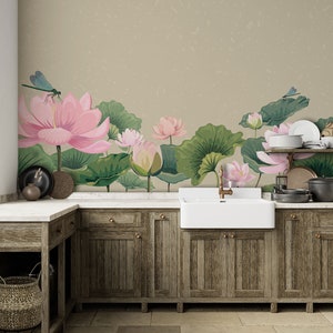 Ljusrosa lotusblommor och trollsländor på beige bakgrundstapet, blommig tapet | Självhäftande, Dra & Stick, Avtagbar tapet bild 1