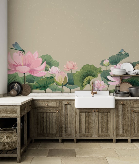 Light pink lotus flowers and dragonflies on beige background wallpaper, floral wallpaper | Self Adhesive, Peel & Stick, Removable wallpaper