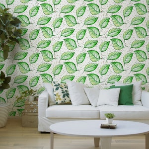 Green leaves wallpaper, leaf print wall mural, botanical wallpaper, Self Adhesive, Peel & Stick, Removable wallpaper