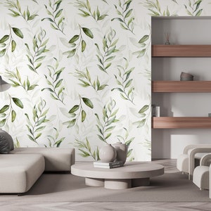 Green watercolor leaves wallpaper, leaf print wall mural, botanical wallpaper, Self Adhesive, Peel & Stick, Removable wallpaper