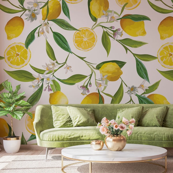 Vector lemon and leaf pattern wallpaper, Self Adhesive, Peel & Stick, Removable wallpaper