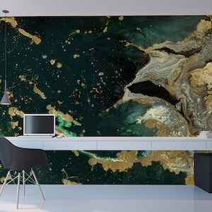Carta da parati in marmo verde e oro, murale di astrazione marmorizzata | Autoadesiva, stacca e incolla, carta da parati rimovibile, decorazione da parete verde