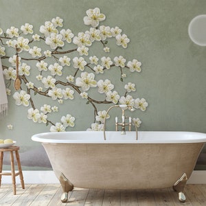 Sun and branches, flowers, floral wallpaper, flowers and mountains, Wall Mural, Self Adhesive, Peel & Stick, Removable wallpaper