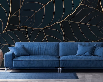 Dunkelblaues Palmenblätter-Wandbild, tropisches Wandbild, selbstklebend, Dschungel-Tapete, Peel and Stick, abnehmbare Tapete