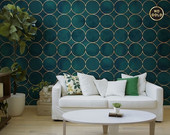 Abstract art deco watercolor wallpaper with dark teal green background and yellow circles | Self Adhesive, Peel & Stick, Removable wallpaper