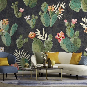 Watercolor cactus with opuntia flower wallpaper Self Adhesive, Peel & Stick, Removable wallpaper