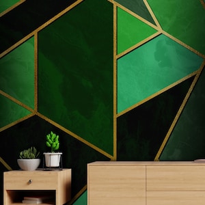 Helle, moderne und stilvolle abstrakte Tapete mit goldenen Linien und grünem geometrischem Muster, selbstklebend, abziehen und aufkleben, abnehmbare Tapete