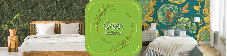 May include: Two bedrooms with different green wallpaper designs. One bedroom has a green leaf pattern wallpaper and the other has a teal blue wallpaper with gold floral designs. Both bedrooms have a bed with white bedding and pillows.