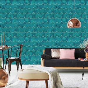 Aquarell-Art-Deco-Tapete mit blauem und grünem Fischschuppenmuster | Selbstklebende, abziehbare Tapete, grüne Wanddekoration