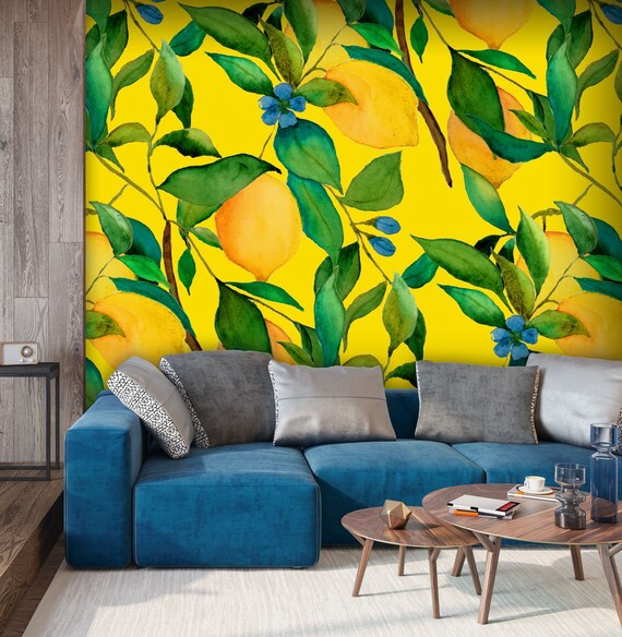 Watercolor lemon pattern wallpaper, fruit mural, yellow citrus pattern | Self Adhesive, Peel & Stick, Removable wallpaper