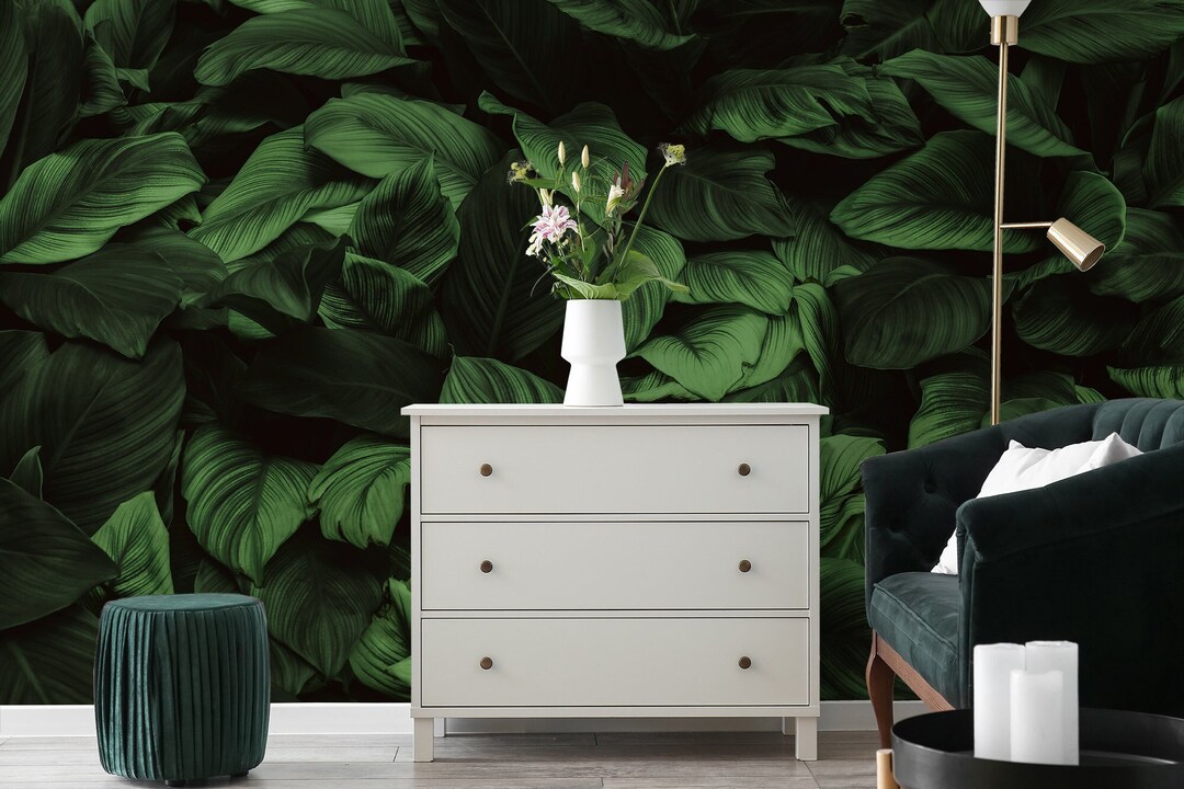 Dark Green Tropical Wallpaper With Leaf wall Decor, Peel and Stick self