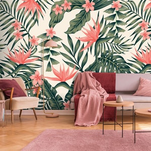 Tapetenmuster aus tropischen dunkelgrünen Palmblättern und Plumeria-Paradiesvogelblumen, selbstklebend, abziehen und aufkleben, abnehmbare Tapete