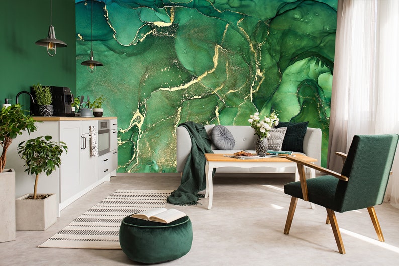 Vivid Green Emerald Marbled Art Wallpaper Self Adhesive Etsy