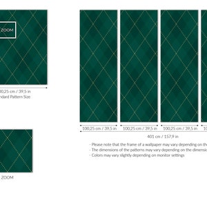 Op de afbeelding: Een groen en gouden behangpatroon met een ruitvormig ontwerp. Het patroon wordt vier keer herhaald om te laten zien hoe het eruit zou zien op een muur. De tekst "ZOOM" verschijnt in de afbeelding.