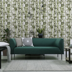 Green bamboo wallpaper, watercolor tropical pattern, botanical wallpaper, Self Adhesive, Peel & Stick, Removable wallpaper