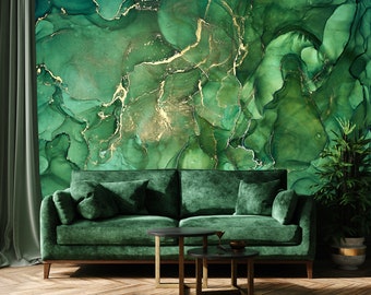 Papier peint artistique marbré vert émeraude éclatant | Autocollant, repositionnable, amovible, décoration murale verte