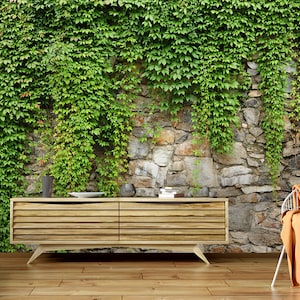 Green plant on the bricks wall mural, nature wall mural Self Adhesive, Peel & Stick, Removable wallpaper