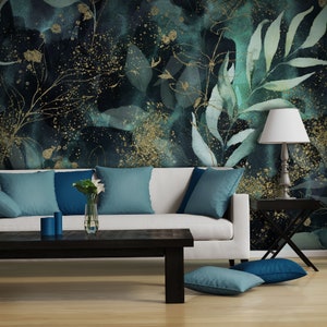Blumentapete mit goldenen Elementen, buntes Aquarellmuster, abstrakter Hintergrund | Selbstklebende Tapete, abziehen und aufkleben, abnehmbar