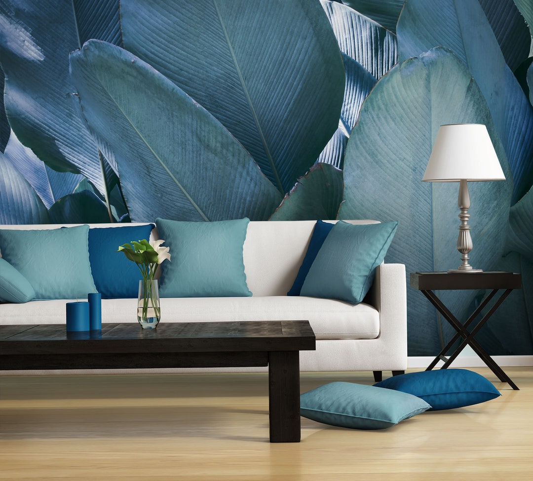 Tropical Leaves Blue & Green Wallpaper, Botanical Wall Mural [peel and ...