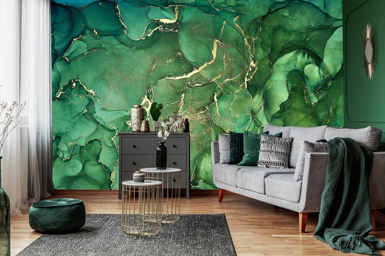 Vivid Green Emerald Marbled Art Wallpaper Self Adhesive Etsy