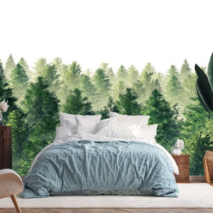 Foggy forest wall mural, trees wallpaper | Self Adhesive, Peel & Stick, Removable wallpaper