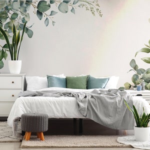 Watercolor eucalyptus leaves wallpaper, Wall Mural, Self Adhesive, Peel & Stick or Vinyl, Removable wallpaper